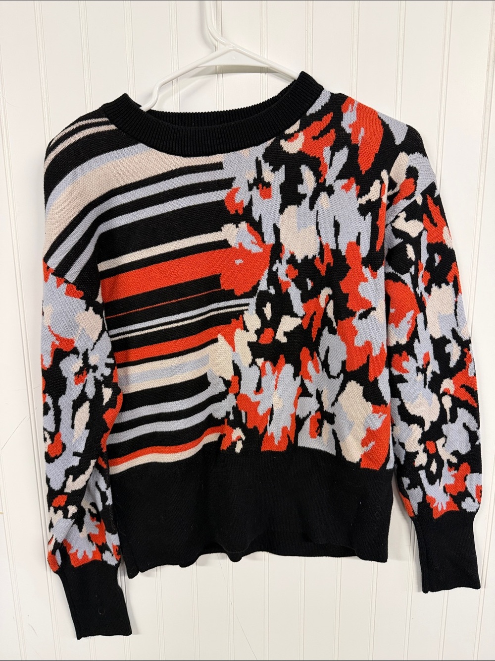Nine West Black, Red & Cream Abstract Floral Stripe Crewneck Sweater